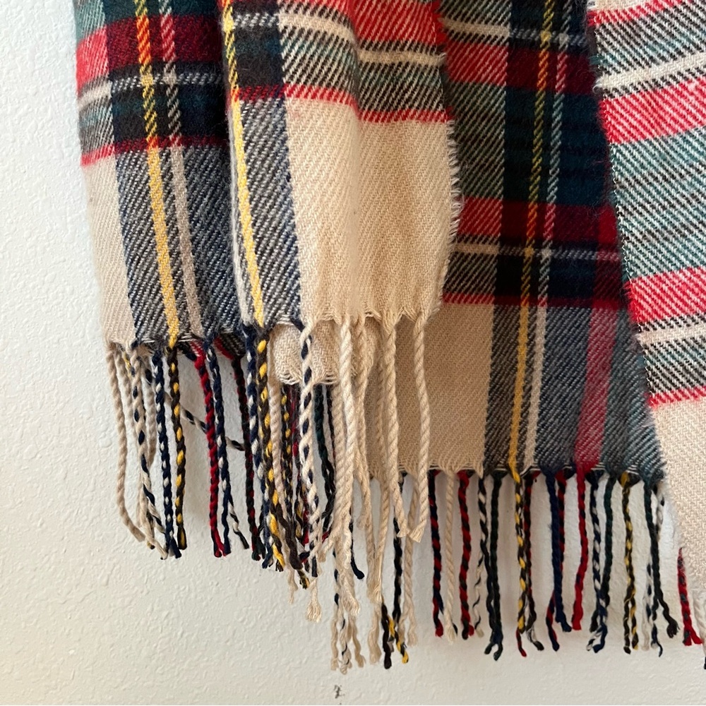 Free People Tartan Thick Warm Wool Scarf in Red Cream Green Multicolor Cozy - Picture 5 of 7